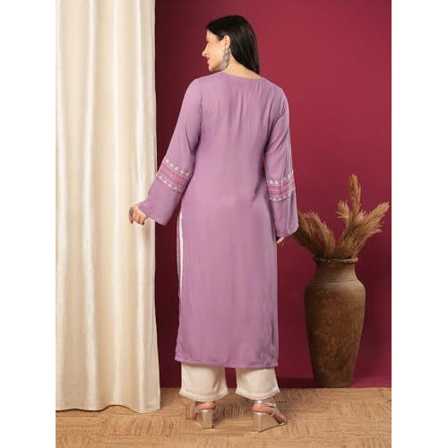 ANNI DESIGNER Women's Rayon Viscose Straight Solid Pakistani Kurta (Sejalani Purple-VKS01_S_Cream_Small)