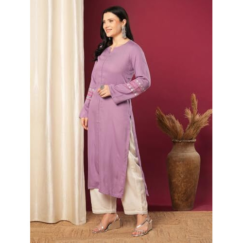 ANNI DESIGNER Women's Rayon Viscose Straight Solid Pakistani Kurta (Sejalani Purple-VKS01_S_Cream_Small)