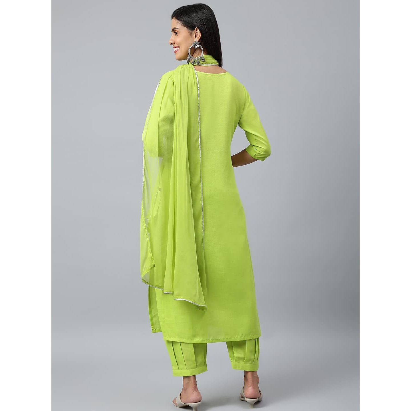 ANNI DESIGNER Women's Cotton Blend Straight Solid Kurta with Pant & Dupatta (Jagu Green_L_Green_Large)