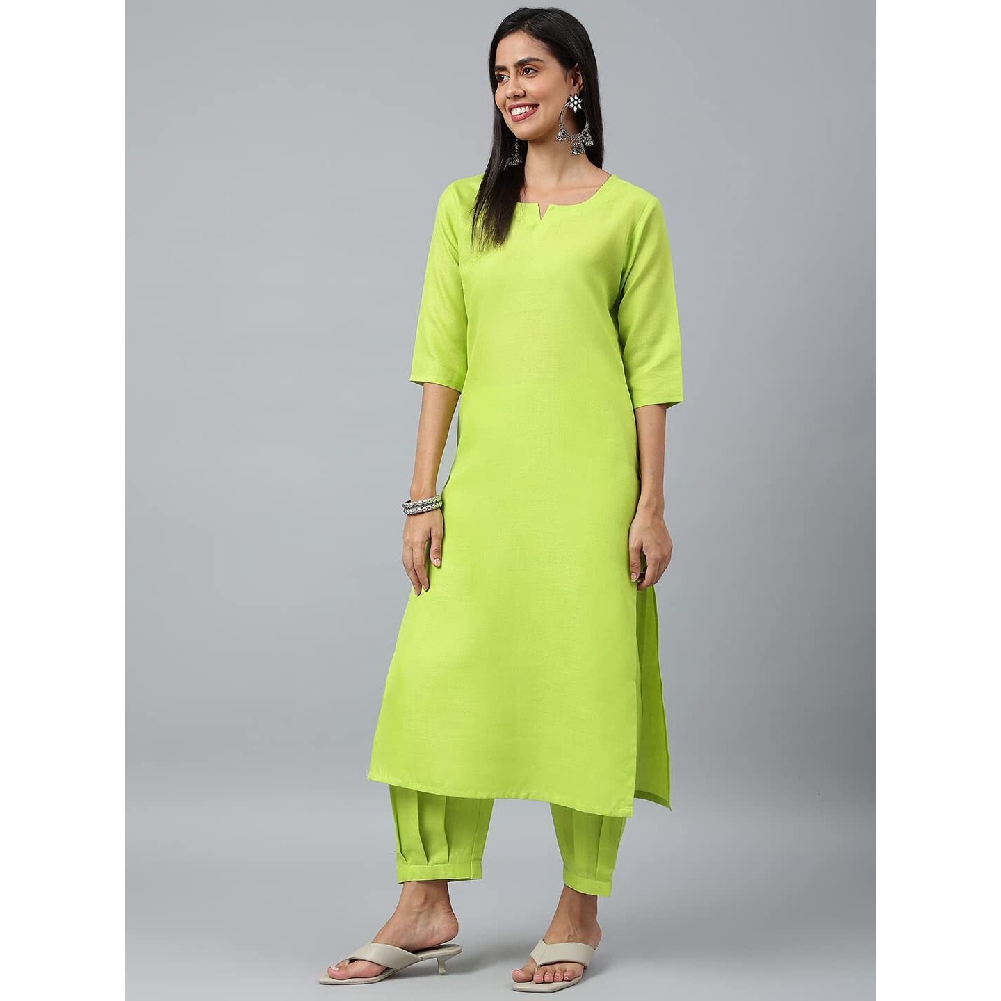 ANNI DESIGNER Women's Cotton Blend Straight Solid Kurta with Pant & Dupatta (Jagu Green_L_Green_Large)