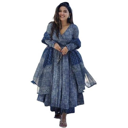 ANNI DESIGNER Women's Rayon Viscose Anarkali Printed Kurta with Palazzo & Dupatta (Sinners BLUE-VKS01_M_Blue_Medium)