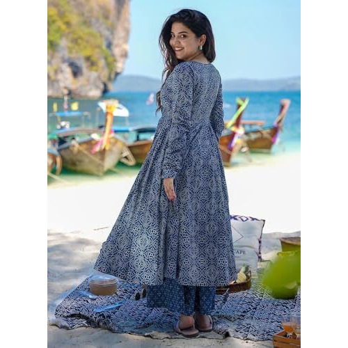 ANNI DESIGNER Women's Rayon Viscose Anarkali Printed Kurta with Palazzo & Dupatta (Sinners BLUE-VKS01_M_Blue_Medium)