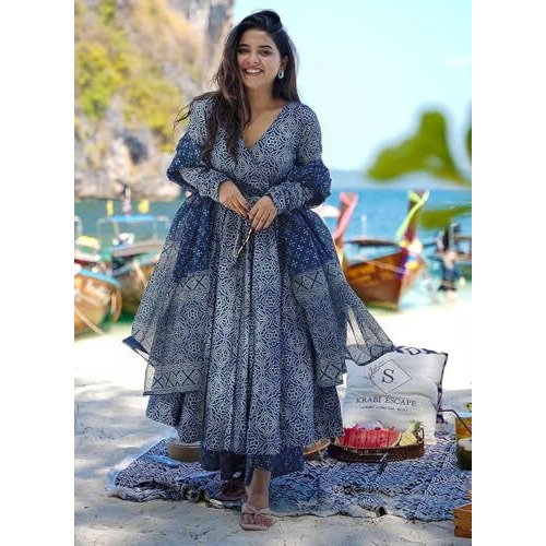 ANNI DESIGNER Women's Rayon Viscose Anarkali Printed Kurta with Palazzo & Dupatta (Sinners BLUE-VKS01_M_Blue_Medium)