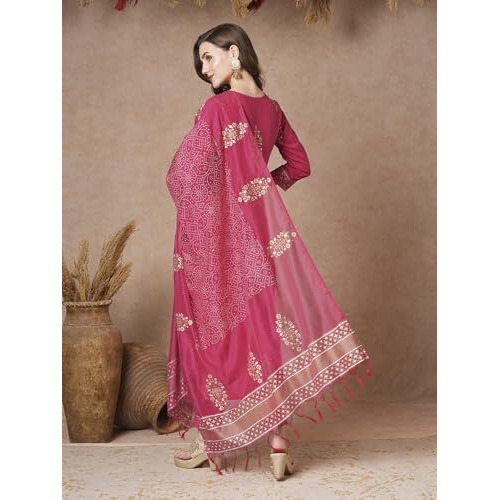 ANNI DESIGNER Women's Rayon Blend Printed Straight Kurta with Pant & Dupatta (MANGAI PINK-VKS02_L_Pink_Large)