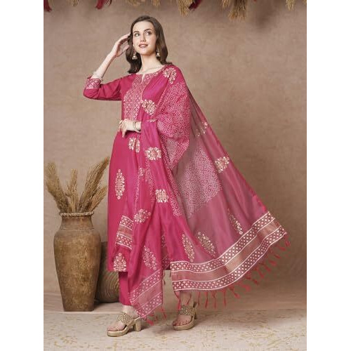 ANNI DESIGNER Women's Rayon Blend Printed Straight Kurta with Pant & Dupatta (MANGAI PINK-VKS02_L_Pink_Large)