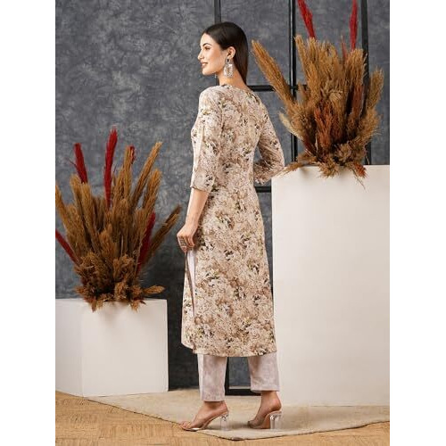 ANNI DESIGNER Women's Cotton Blend Straight Printed Kurta with Pant (Bhutam Beige_M_Beige_Medium)