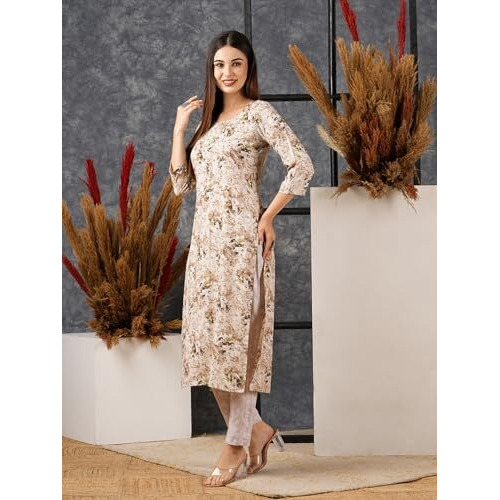 ANNI DESIGNER Women's Cotton Blend Straight Printed Kurta with Pant (Bhutam Beige_M_Beige_Medium)