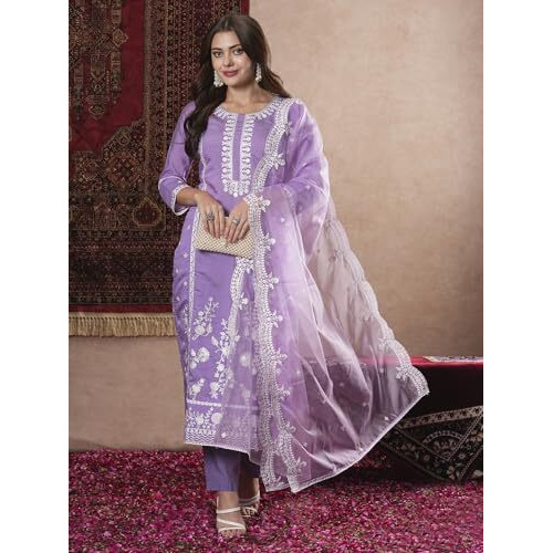 ANNI DESIGNER Women's Rayon Blend Straight Embroidered Kurta with Pant & Dupatta (Rosewood PURPLE-VKS07_XL_Purple_X-Large)