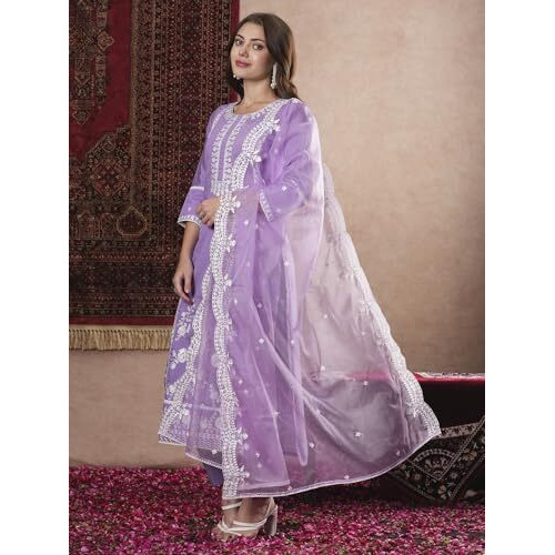 ANNI DESIGNER Women's Rayon Blend Straight Embroidered Kurta with Pant & Dupatta (Rosewood PURPLE-VKS07_XL_Purple_X-Large)