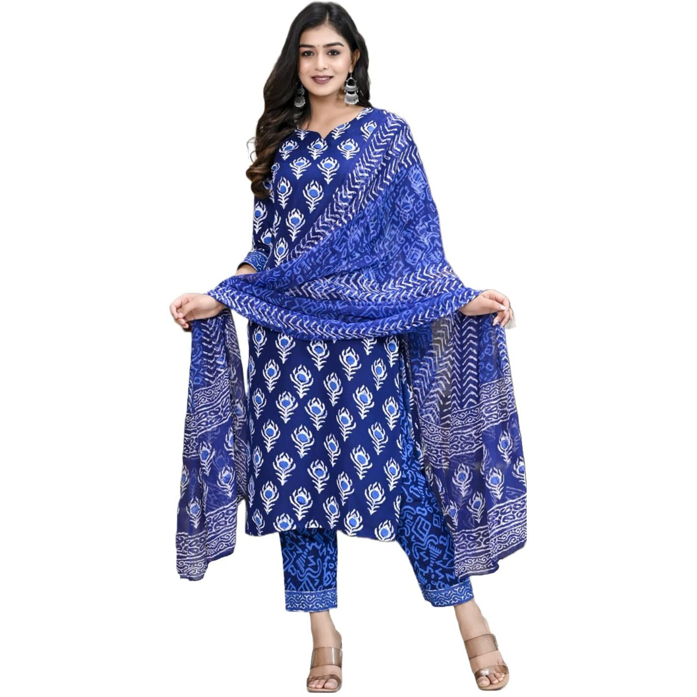 ANNI DESIGNER Women's Cotton Blend Floral Printed Straight Kurta with Pants & with Dupatta (Bulgeriya Blue-NW-CMD_S_Blue_Small)