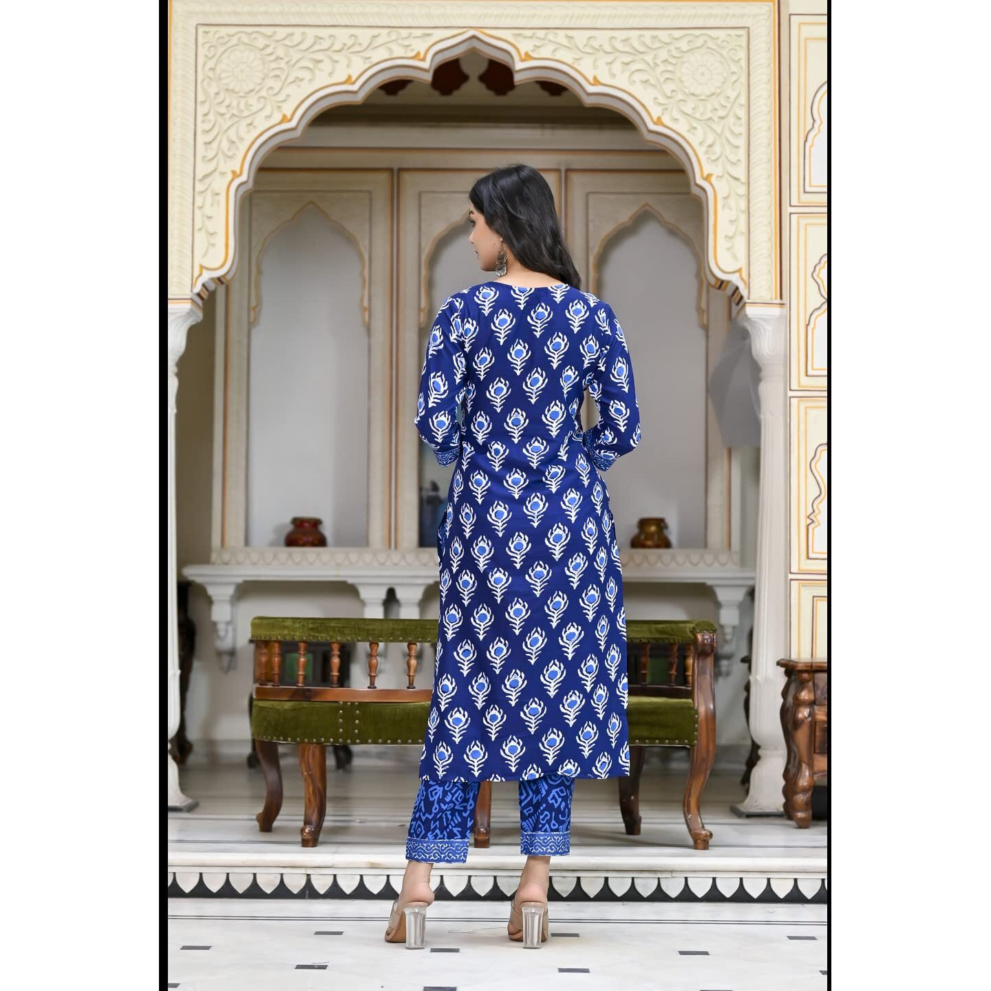 ANNI DESIGNER Women's Cotton Blend Floral Printed Straight Kurta with Pants & with Dupatta (Bulgeriya Blue-NW-CMD_S_Blue_Small)