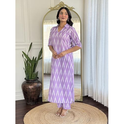 ANNI DESIGNER Women's Rayon Viscose Straight Printed Kurta with Pant (Demeter ONION-VKS02_M_Lavender_Medium)