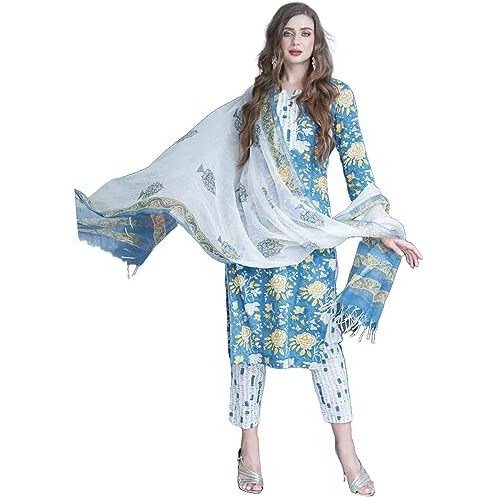 ANNI DESIGNER Women's Cotton Blend Straight Kurta with Pant & Dupatta (Rahi Blue Small)