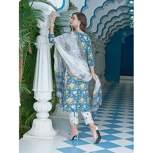 ANNI DESIGNER Women's Cotton Blend Straight Kurta with Pant & Dupatta (Rahi Blue Small)