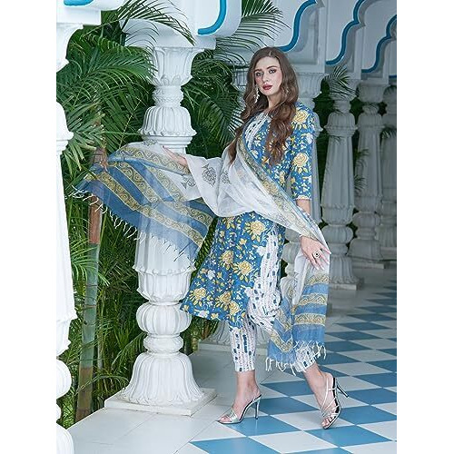 ANNI DESIGNER Women's Cotton Blend Straight Kurta with Pant & Dupatta (Rahi Blue Small)
