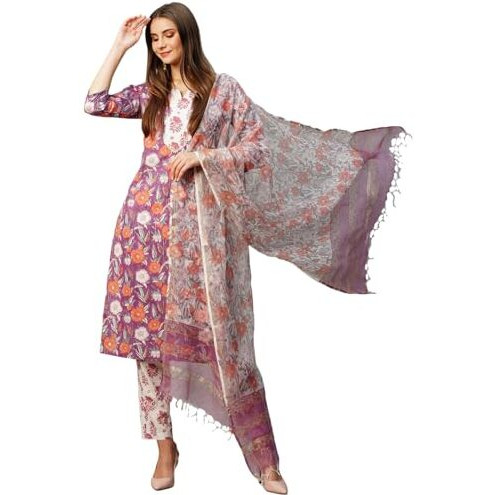 ANNI DESIGNER Women's Cotton Blend Straight Printed Kurta with Pant & Dupatta (Banana Violet-KBV_XL_Purple_X-Large)