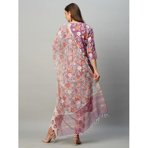 ANNI DESIGNER Women's Cotton Blend Straight Printed Kurta with Pant & Dupatta (Banana Violet-KBV_XL_Purple_X-Large)