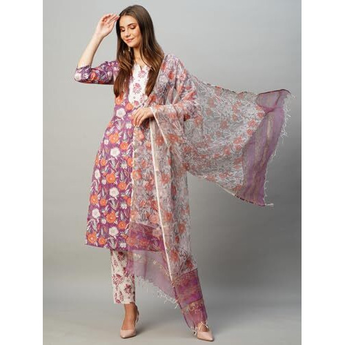 ANNI DESIGNER Women's Cotton Blend Straight Printed Kurta with Pant & Dupatta (Banana Violet-KBV_XL_Purple_X-Large)