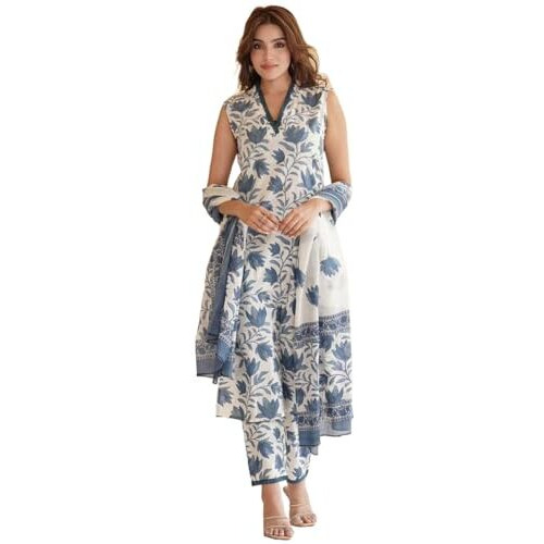 ANNI DESIGNER Women's Cotton Blend Printed Straight Kurta with Pant & Dupatta (Root White-NW_L_White_Large)
