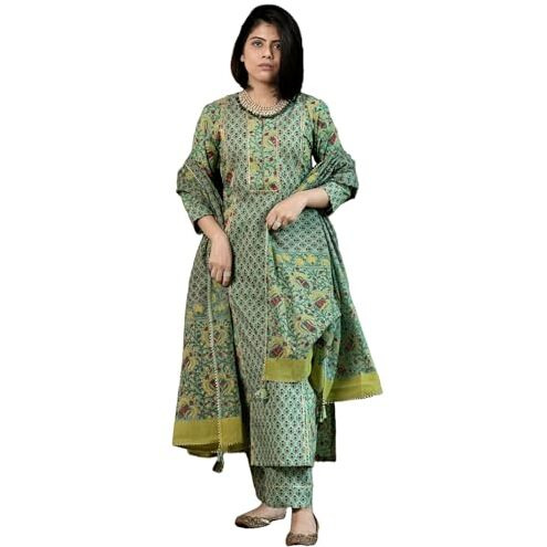 ANNI DESIGNER Women's Rayon Blend Printed Straight Kurta with Pant & Dupatta (SANGHVI GREEN-VKS01_S_Green_Small)
