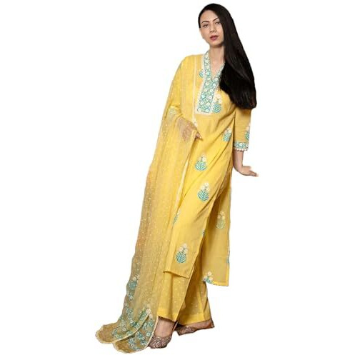 ANNI DESIGNER Women's Rayon Viscose Printed Straight Kurta with Pant & Dupatta (Belagavi Mustard-VKS01_XL_Mustard_X-Large)