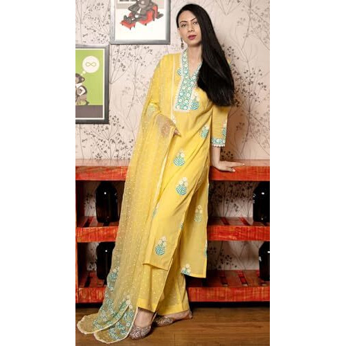 ANNI DESIGNER Women's Rayon Viscose Printed Straight Kurta with Pant & Dupatta (Belagavi Mustard-VKS01_XL_Mustard_X-Large)