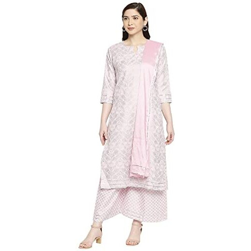 ANNI DESIGNER Women's Cotton Straight Kurta with Palazzo & Dupatta (DOLI Pink_GSK_L_Pink_Large)