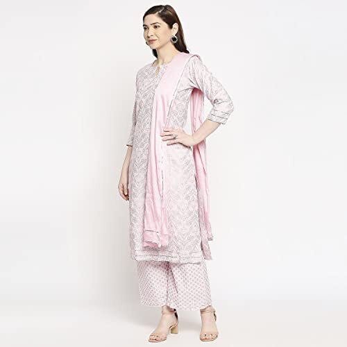 ANNI DESIGNER Women's Cotton Straight Kurta with Palazzo & Dupatta (DOLI Pink_GSK_L_Pink_Large)