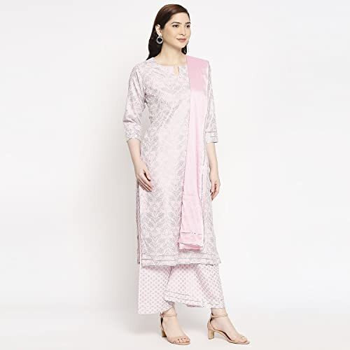 ANNI DESIGNER Women's Cotton Straight Kurta with Palazzo & Dupatta (DOLI Pink_GSK_L_Pink_Large)