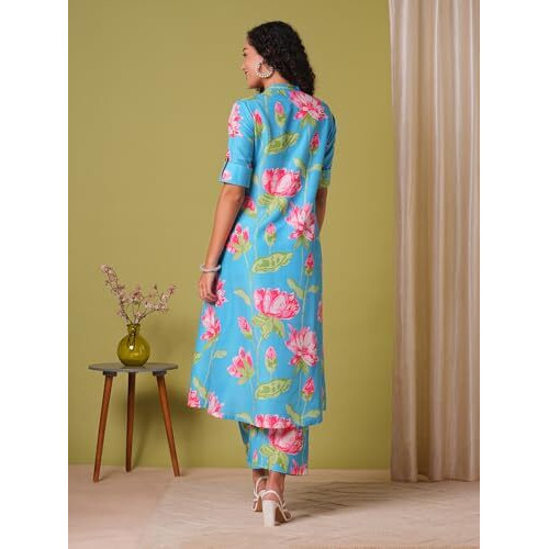 ANNI DESIGNER Women's Rayon Viscose Straight Printed Kurta with Pant (Ladat Green-VKS03_L_Green_Large)