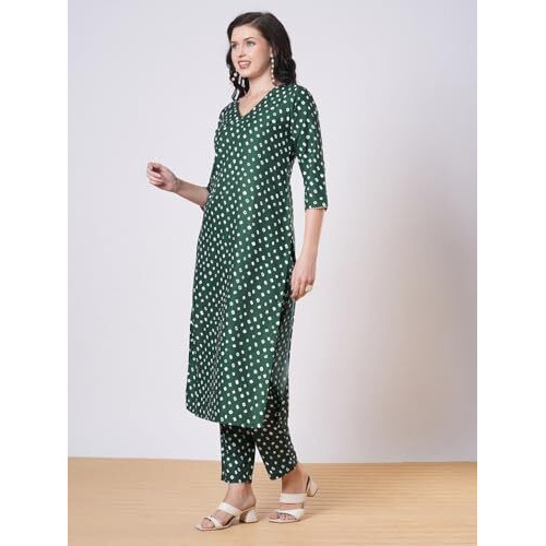 ANNI DESIGNER Women's Rayon Viscose Straight Bandhani Printed Kurta with Pant (PRANTIKA GREEN-VKS01_M_Green_Medium)