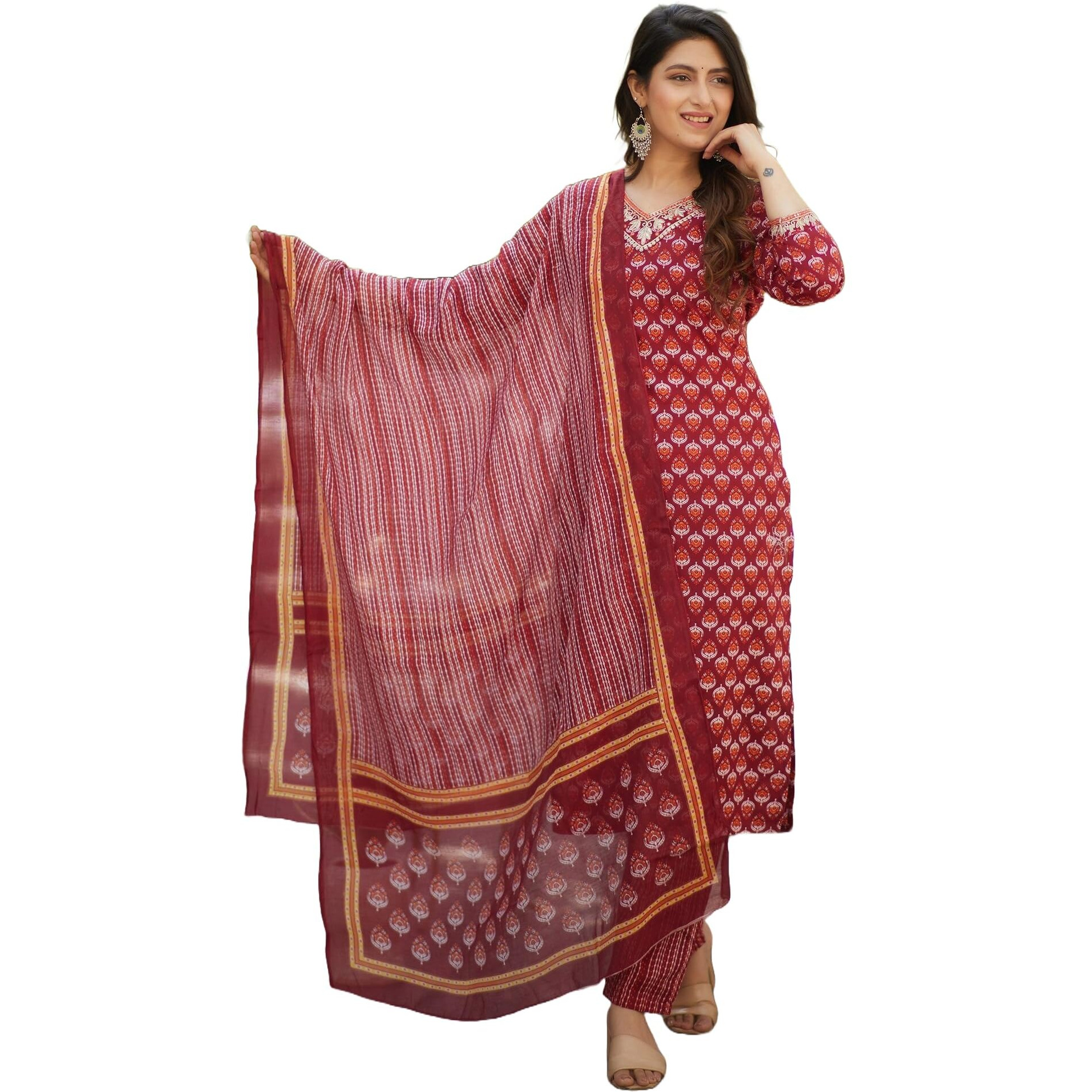 KLOSIA Women Straight Printed Kurta and Pant Set with Dupatta | Ethnic Set | Dupatta Set | Suit Set | Kurta Set | (Medium) Red