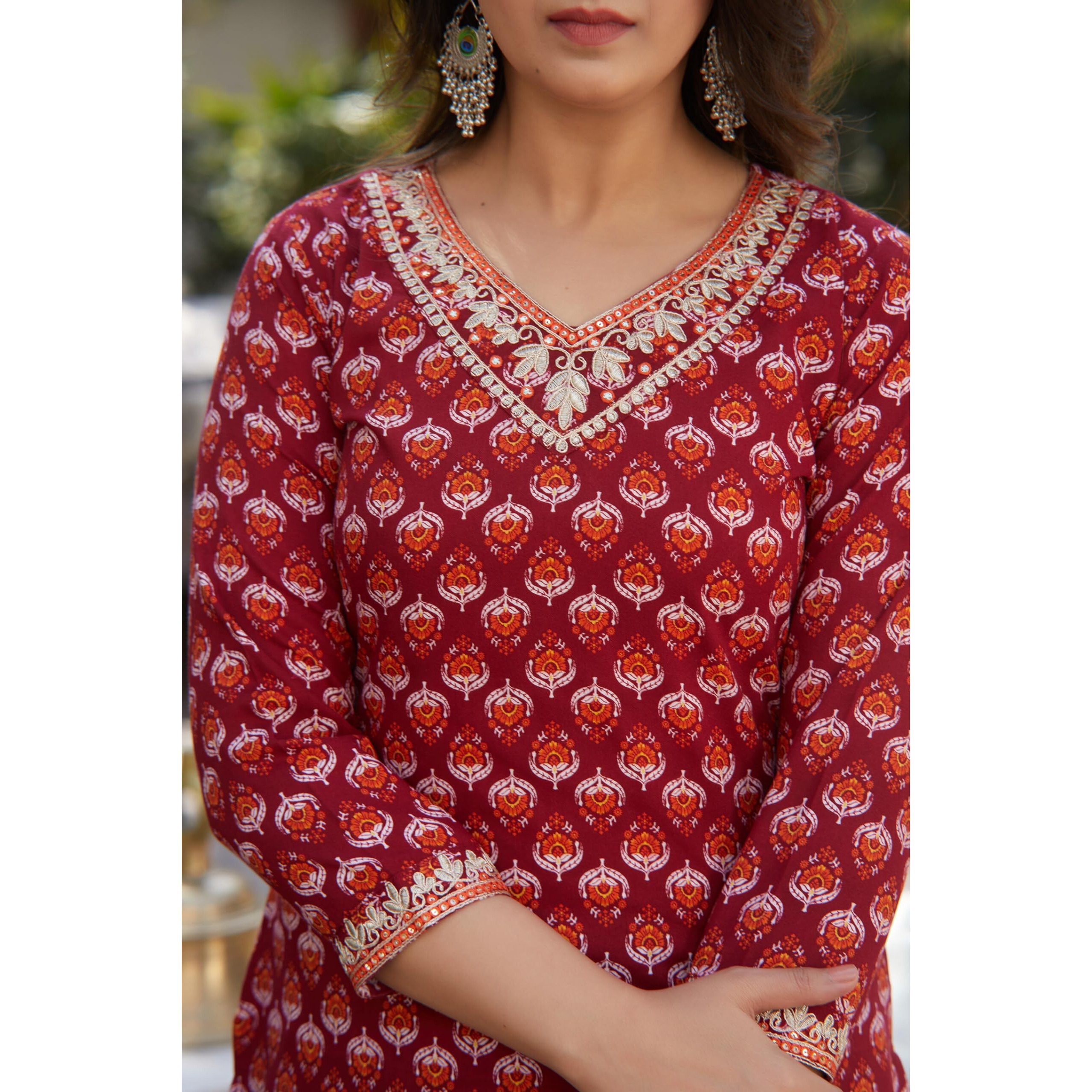 KLOSIA Women Straight Printed Kurta and Pant Set with Dupatta | Ethnic Set | Dupatta Set | Suit Set | Kurta Set | (Medium) Red