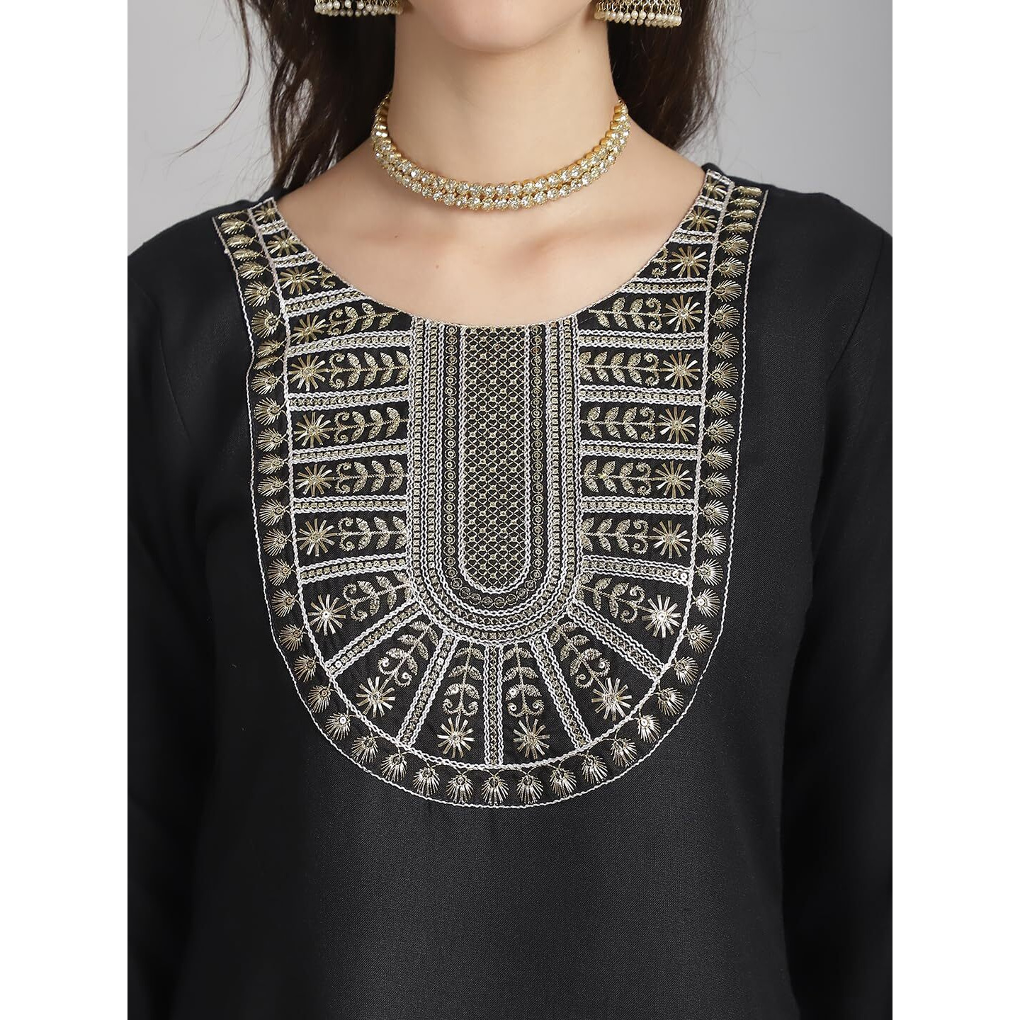 KLOSIA Women's Traditional Black Kurta Set, Indian Ethnic Wear | Embroidery | Suit Set | Wedding Suit | (X-Large)