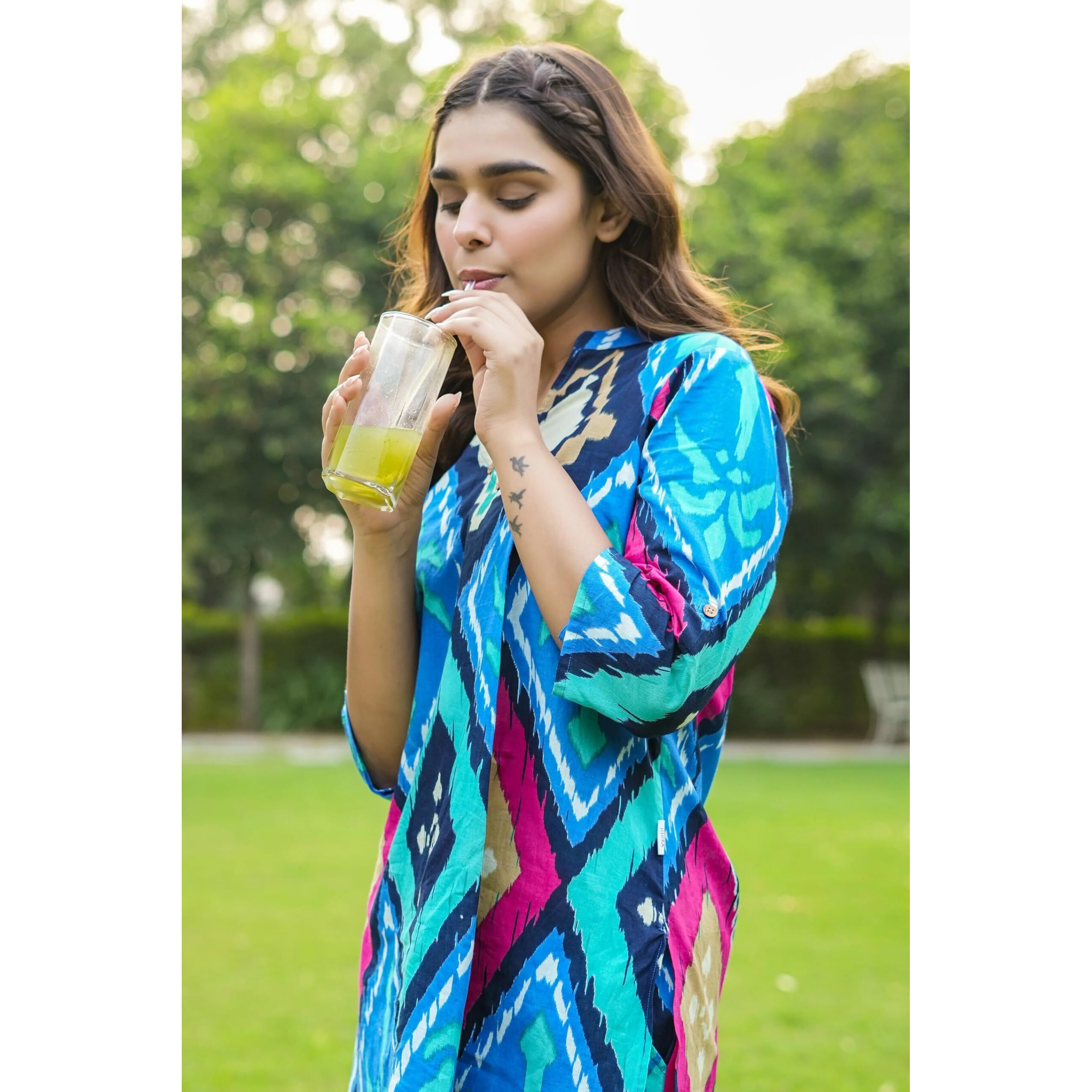 KLOSIA Women Kurta Set for Women | Co-Ords Set | Kurta Pant Set | Coordinate Set | Casual Kurta Set | Summer Suit | Printed Short Kurti with Pant Set | (Small) Blue