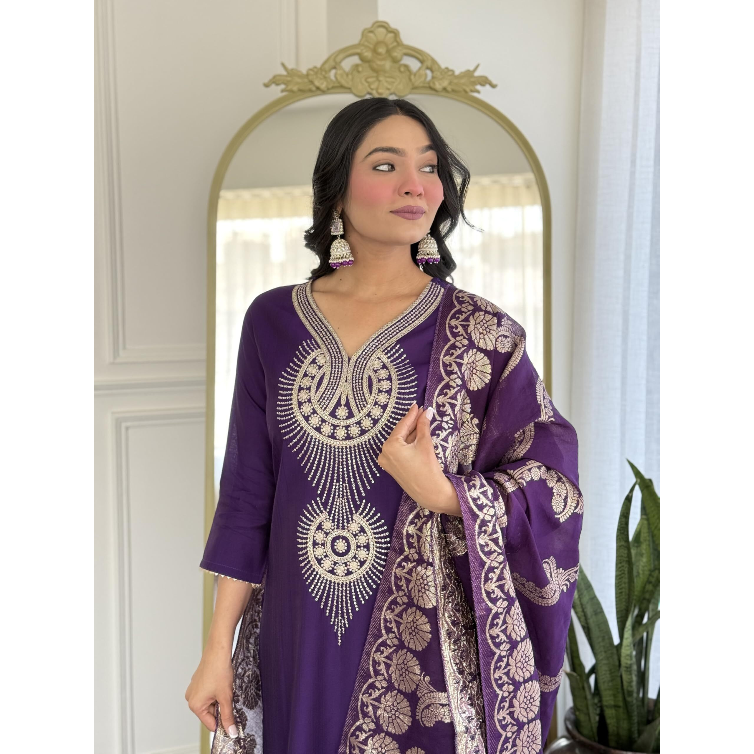 KLOSIA Women's Silk Embroidered Kurta with Dupatta & Pant Set Suit Set for Women | Purple Color Kurti Set Kurta Set for Women (in, Alpha, S, Purple)
