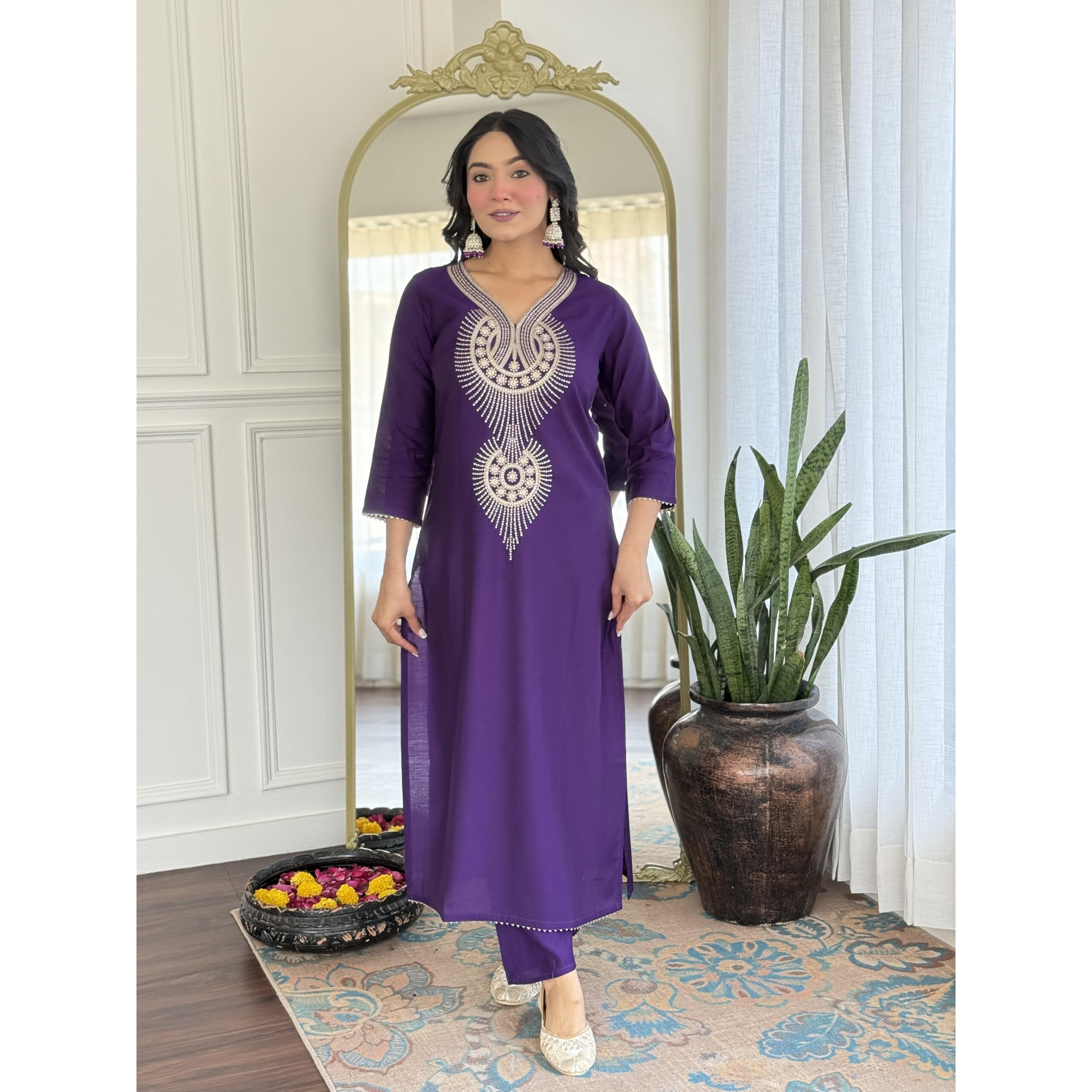 KLOSIA Women's Silk Embroidered Kurta with Dupatta & Pant Set Suit Set for Women | Purple Color Kurti Set Kurta Set for Women (in, Alpha, S, Purple)