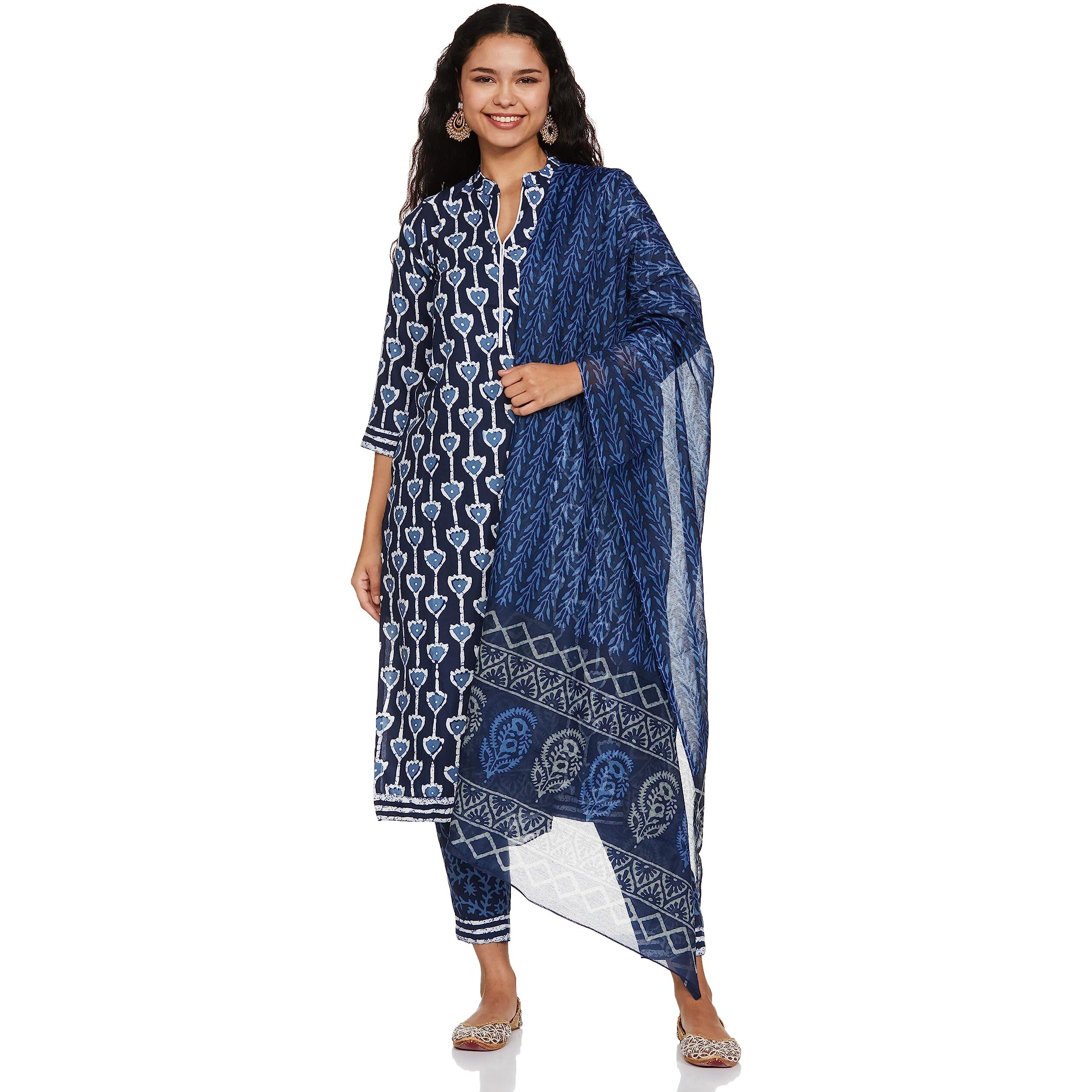 KLOSIA Women Printed Kurta and Pant Set with Dupatta (Medium) Indigo Blue