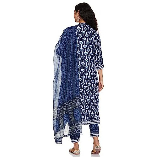 KLOSIA Women Printed Kurta and Pant Set with Dupatta (Medium) Indigo Blue