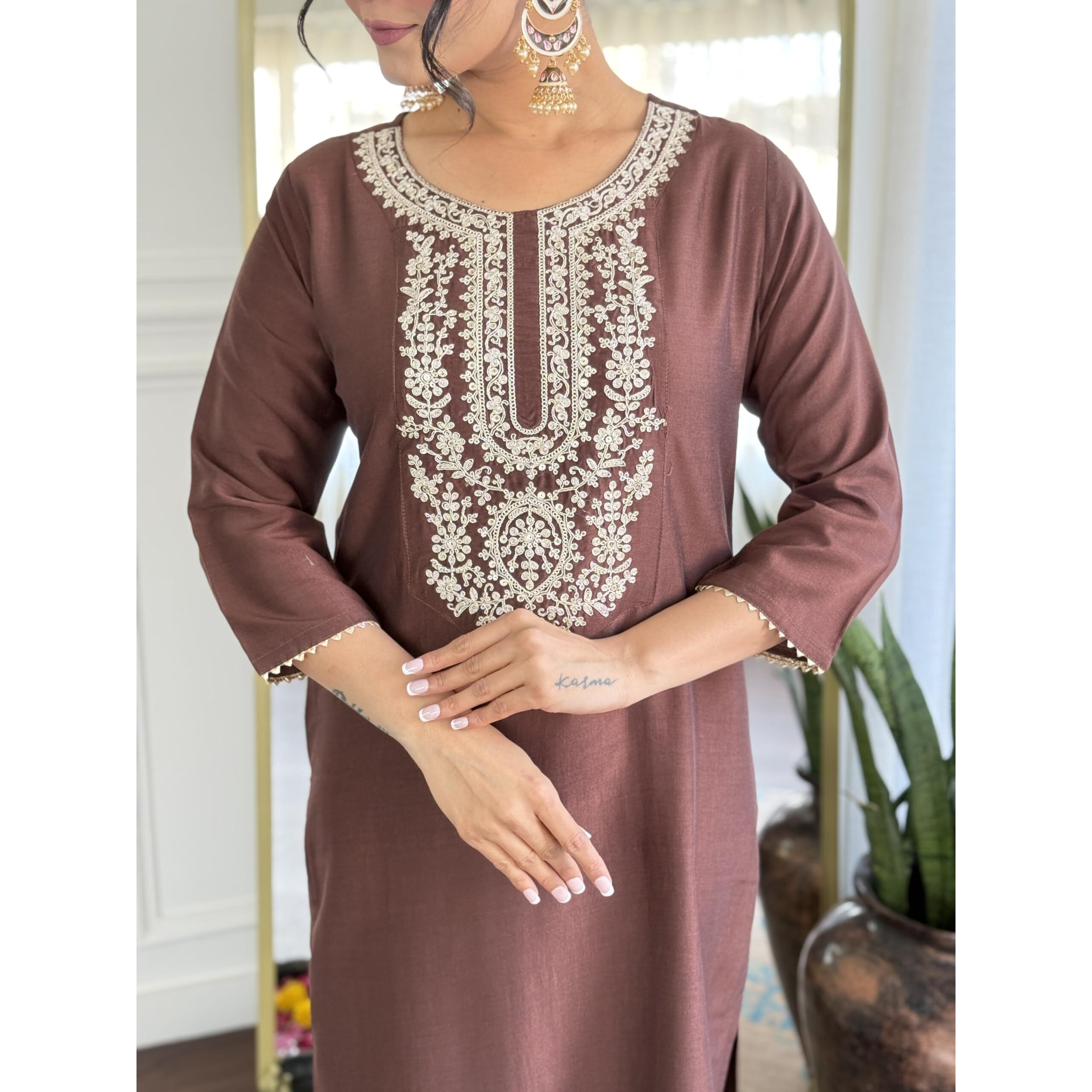 KLOSIA Women's Solid Embroidery Kurta and Pant Set with Dupatta (in, Alpha, S, Brown)