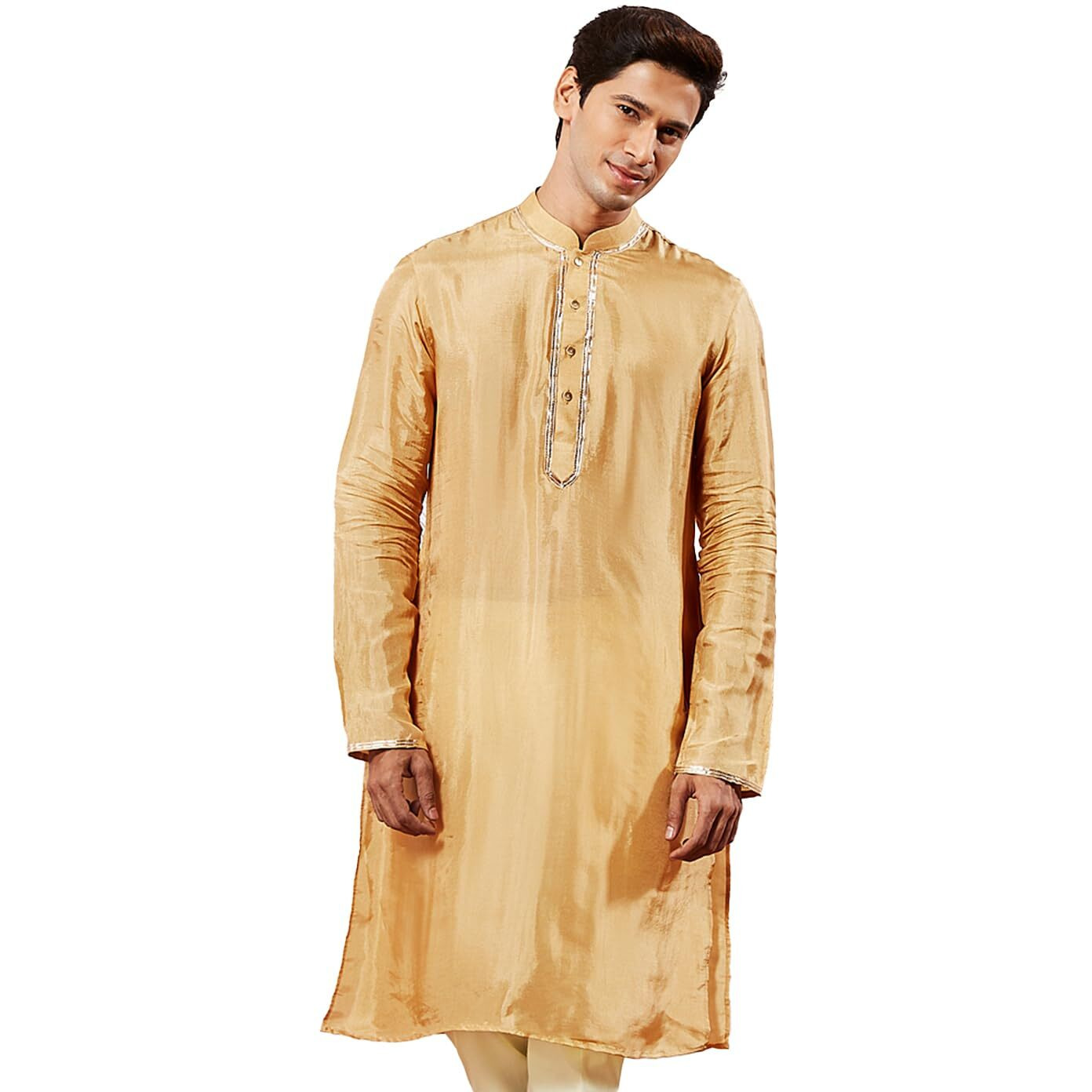 VASTRAMAY Men's Gold Tissue Silk Kurta Pyjama Set - Perfect for Weddings and Festivals