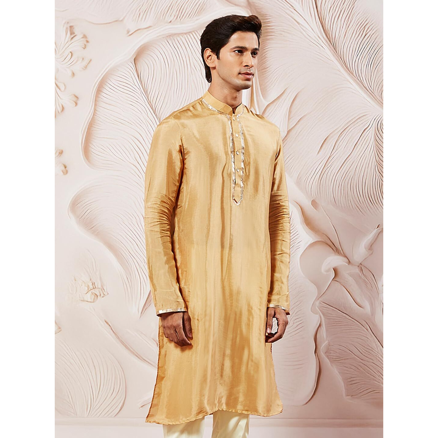 VASTRAMAY Men's Gold Tissue Silk Kurta Pyjama Set - Perfect for Weddings and Festivals