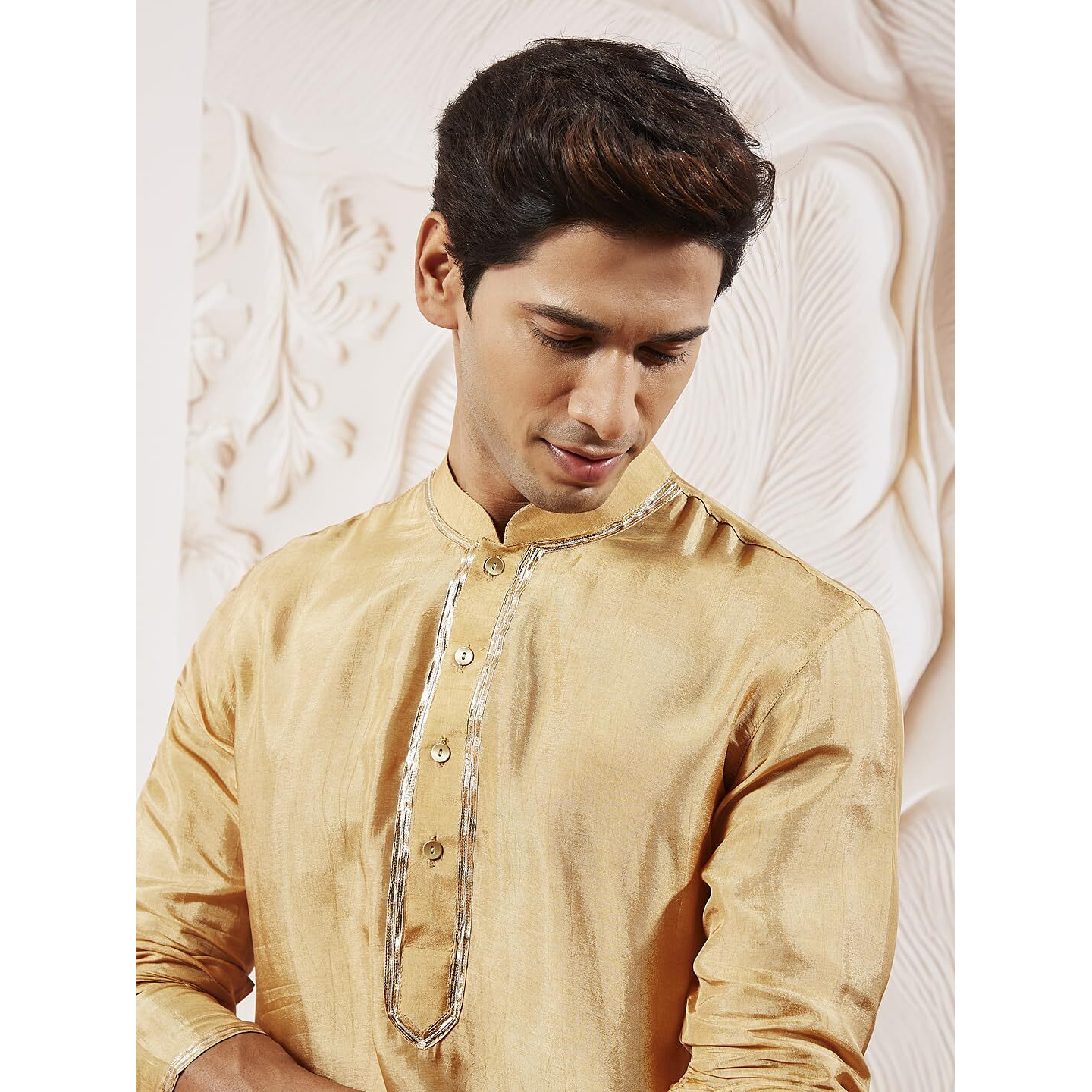 VASTRAMAY Men's Gold Tissue Silk Kurta Pyjama Set - Perfect for Weddings and Festivals