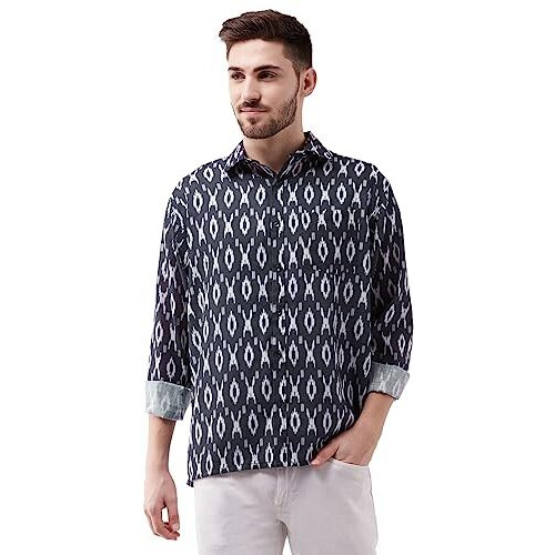 VASTRAMAY Men's Black Cotton Blend Ethnic Shirt | Cotton Blend Botanical Printed Half Sleeve Shirt for Men.