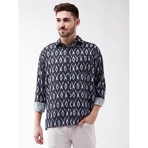 VASTRAMAY Men's Black Cotton Blend Ethnic Shirt | Cotton Blend Botanical Printed Half Sleeve Shirt for Men.
