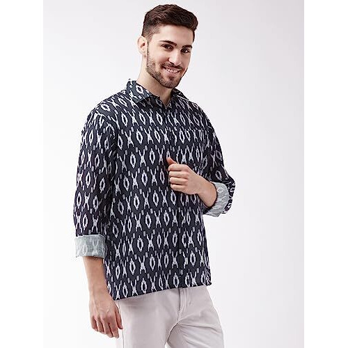 VASTRAMAY Men's Black Cotton Blend Ethnic Shirt | Cotton Blend Botanical Printed Half Sleeve Shirt for Men.