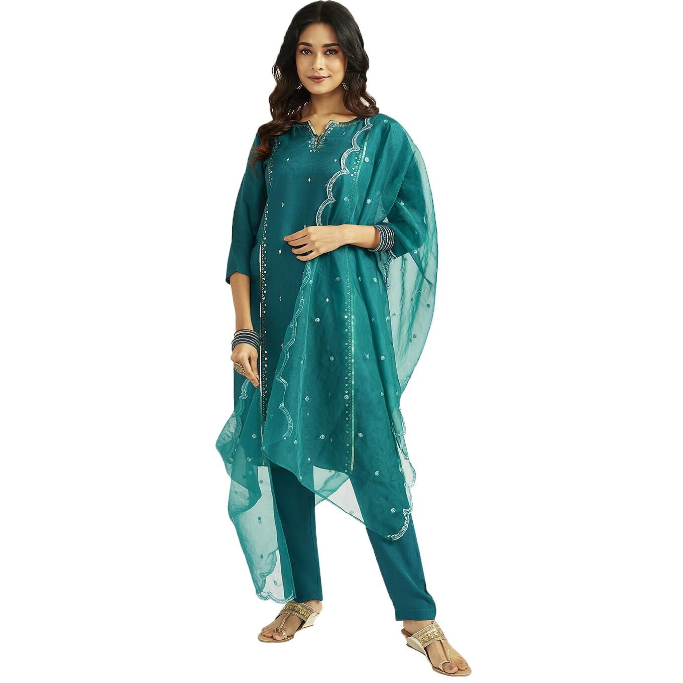 VASTRAMAY Women's Bottle Green Kurta Set, Silk Blend Embroidered Sequined Kurta Pant And Dupatta Set For Women. Indian Suit Set for Festive Occasions, Weddings & Parties
