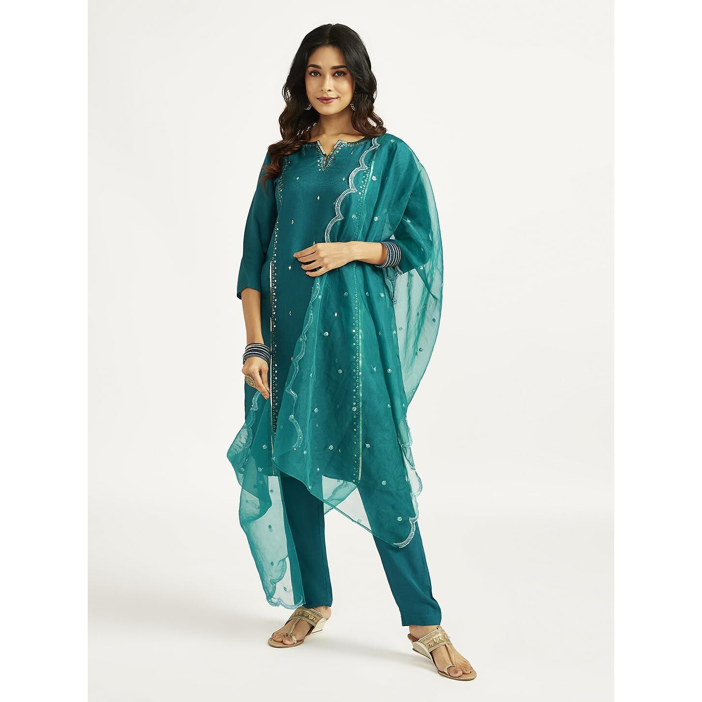 VASTRAMAY Women's Bottle Green Kurta Set, Silk Blend Embroidered Sequined Kurta Pant And Dupatta Set For Women. Indian Suit Set for Festive Occasions, Weddings & Parties