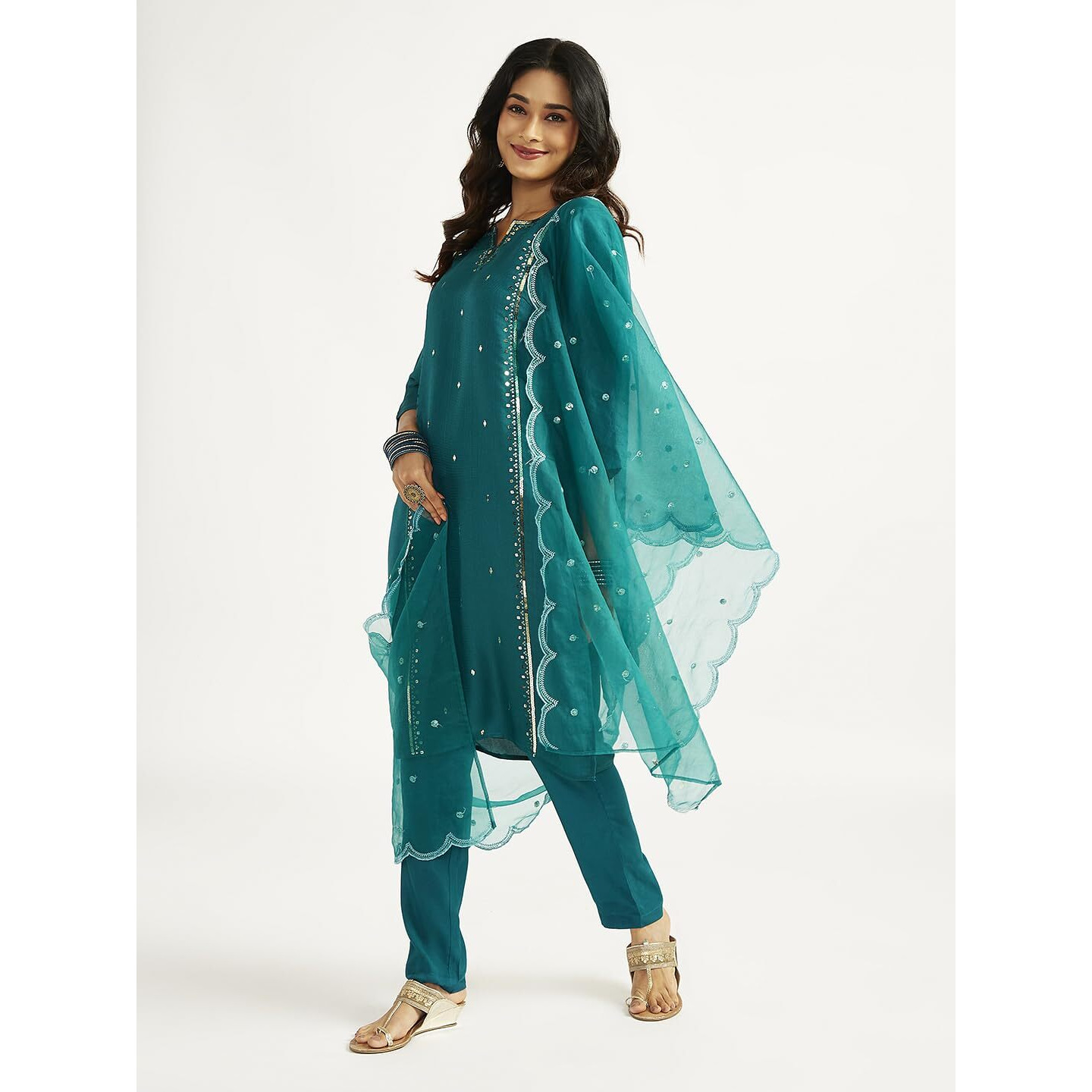 VASTRAMAY Women's Bottle Green Kurta Set, Silk Blend Embroidered Sequined Kurta Pant And Dupatta Set For Women. Indian Suit Set for Festive Occasions, Weddings & Parties