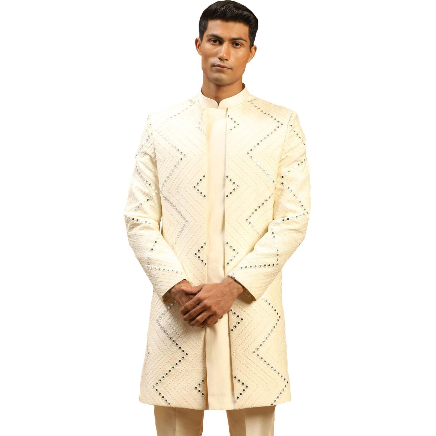 VASTRAMAY Men's Cream Viscose Sherwani Only Top | Mirror work Embellished Viscose Indo Western For Men.